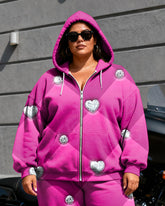 Women's Plus Size Rose Red Diamond Print Cardigan Hoodie Set